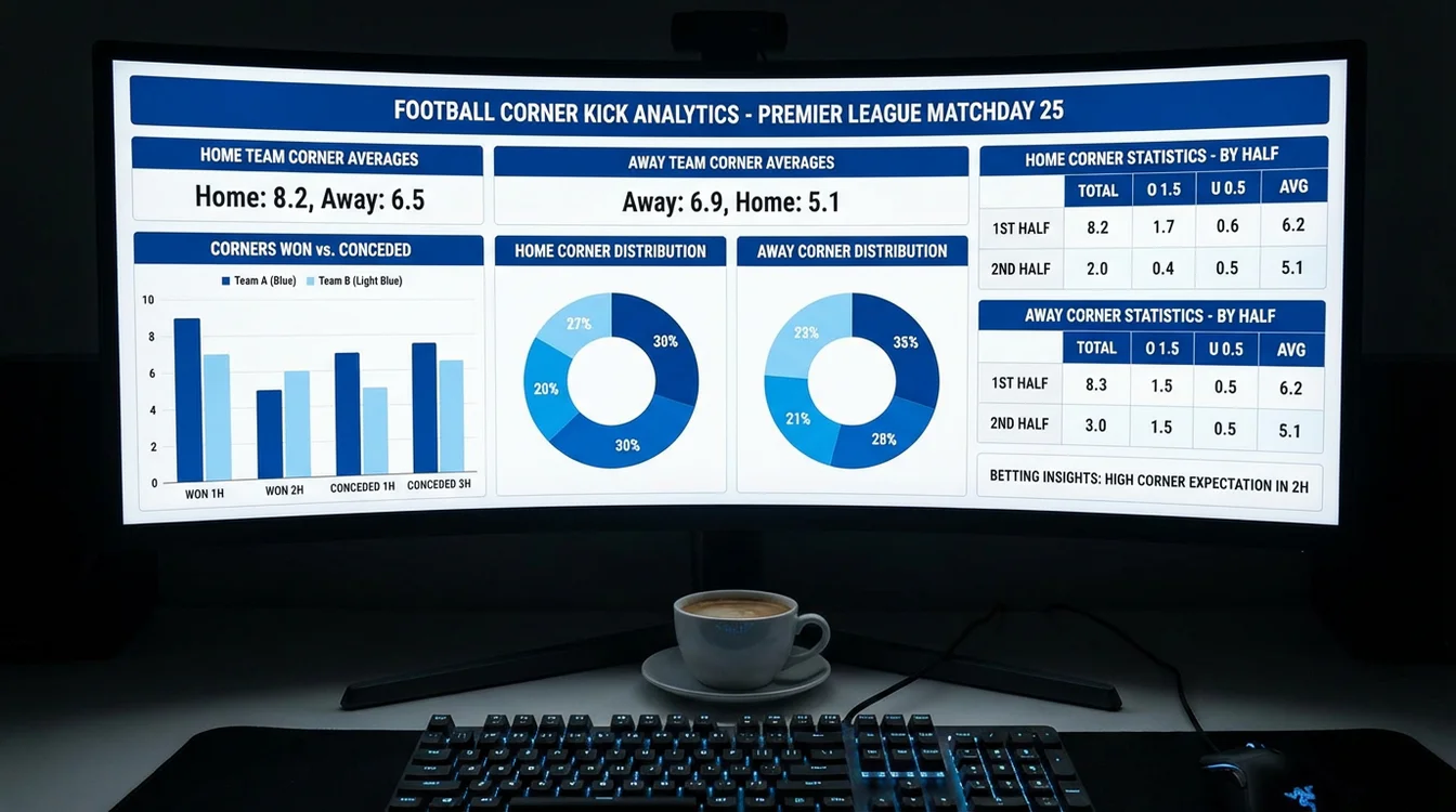 Ecrã com estatísticas de cantos por equipa e gráficos de distribuição