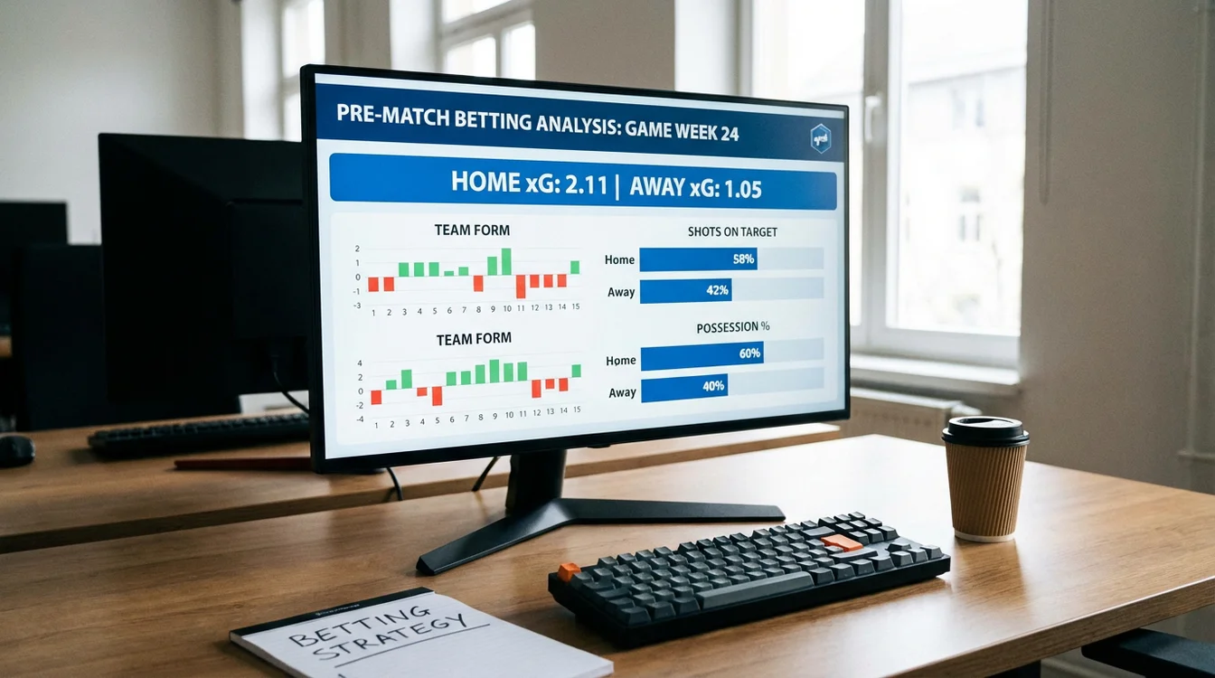 Ecrã de computador com estatísticas de futebol e dados de expected goals para análise pré-jogo