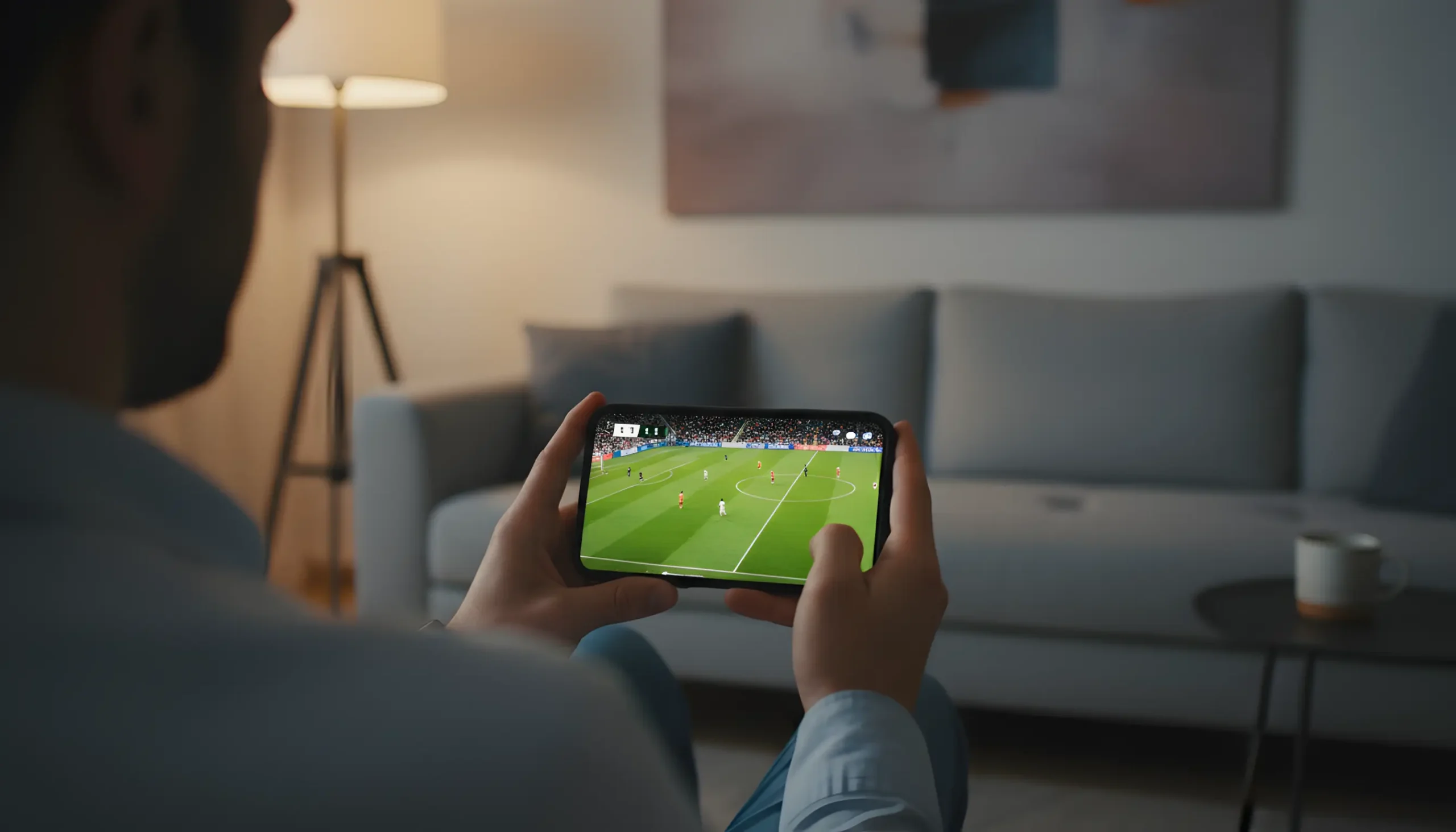 Mãos a segurar smartphone a ver jogo de futebol em directo numa sala de estar moderna