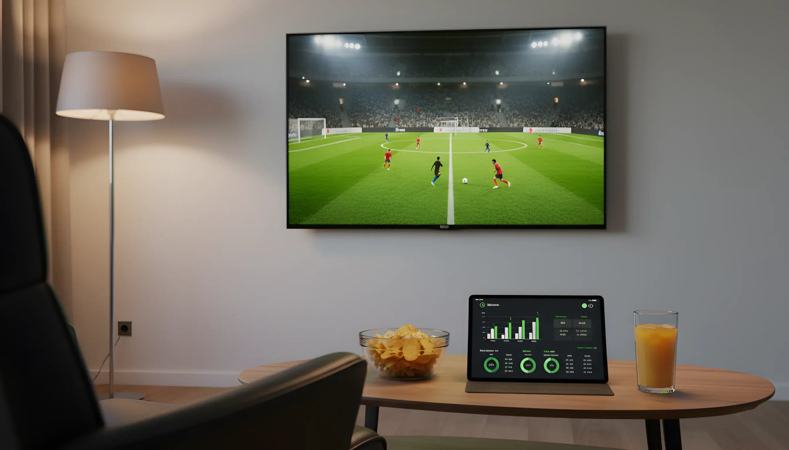 Sala de estar com televisão a transmitir jogo de futebol e tablet com estatísticas desportivas