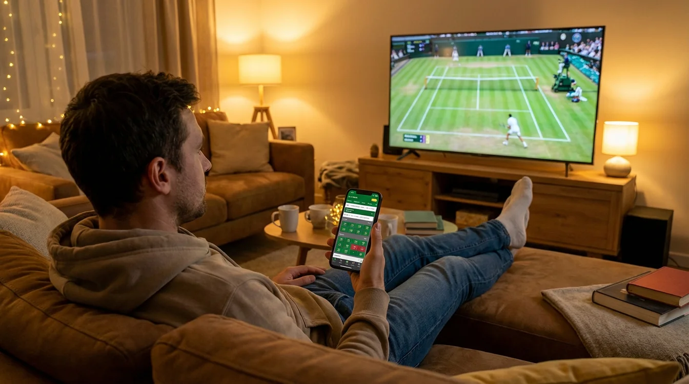 Pessoa a assistir jogo de ténis na televisão com smartphone mostrando aplicação de apostas ao vivo