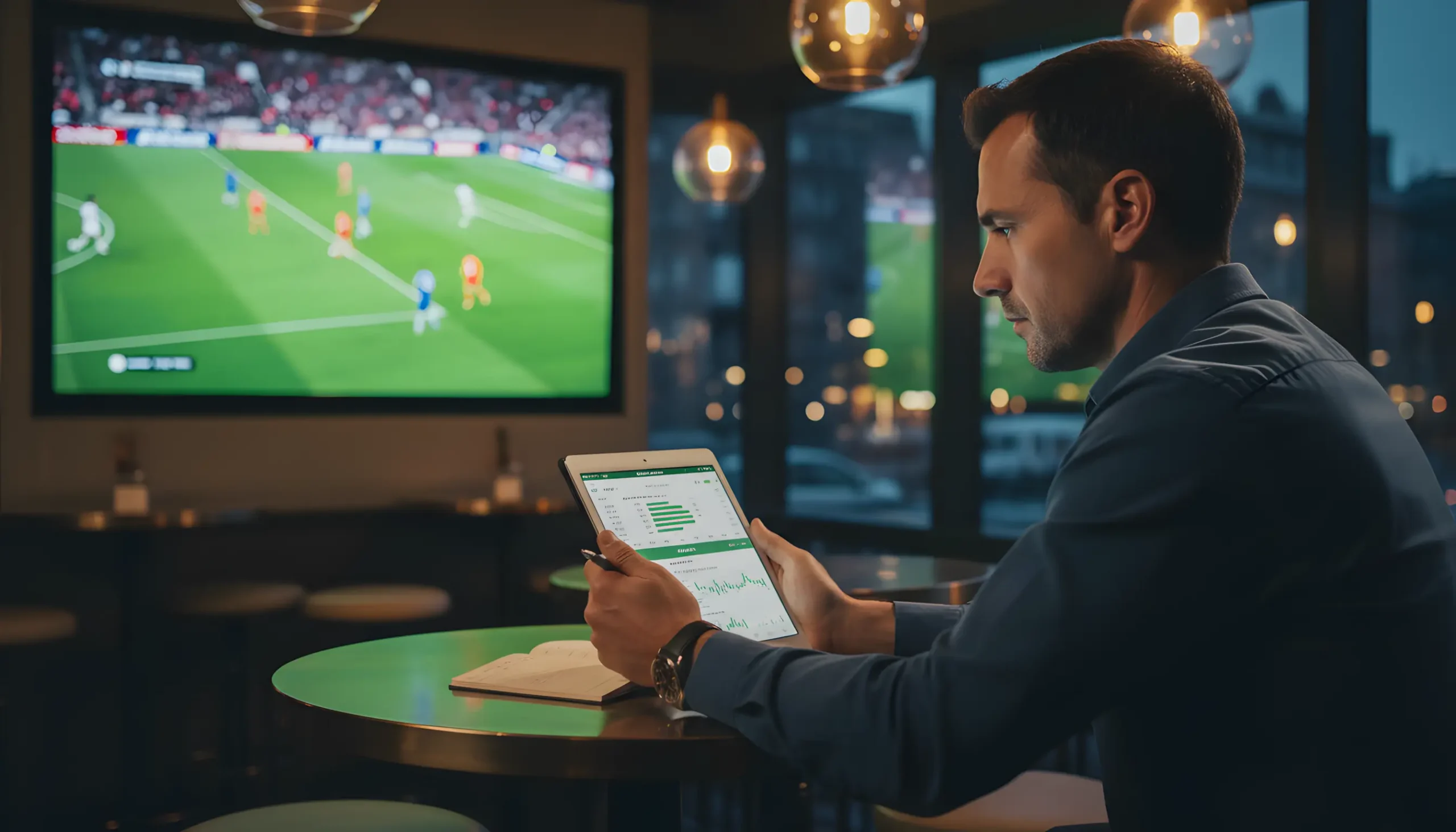 Adepto português a analisar mercados de apostas de futebol num ambiente moderno