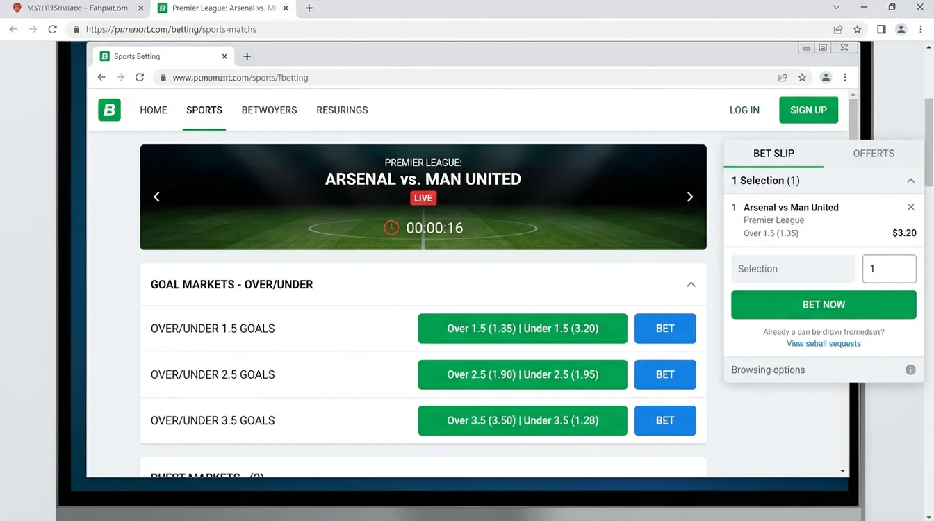 Interface de plataforma de apostas mostrando mercados Over/Under de golos com diferentes linhas