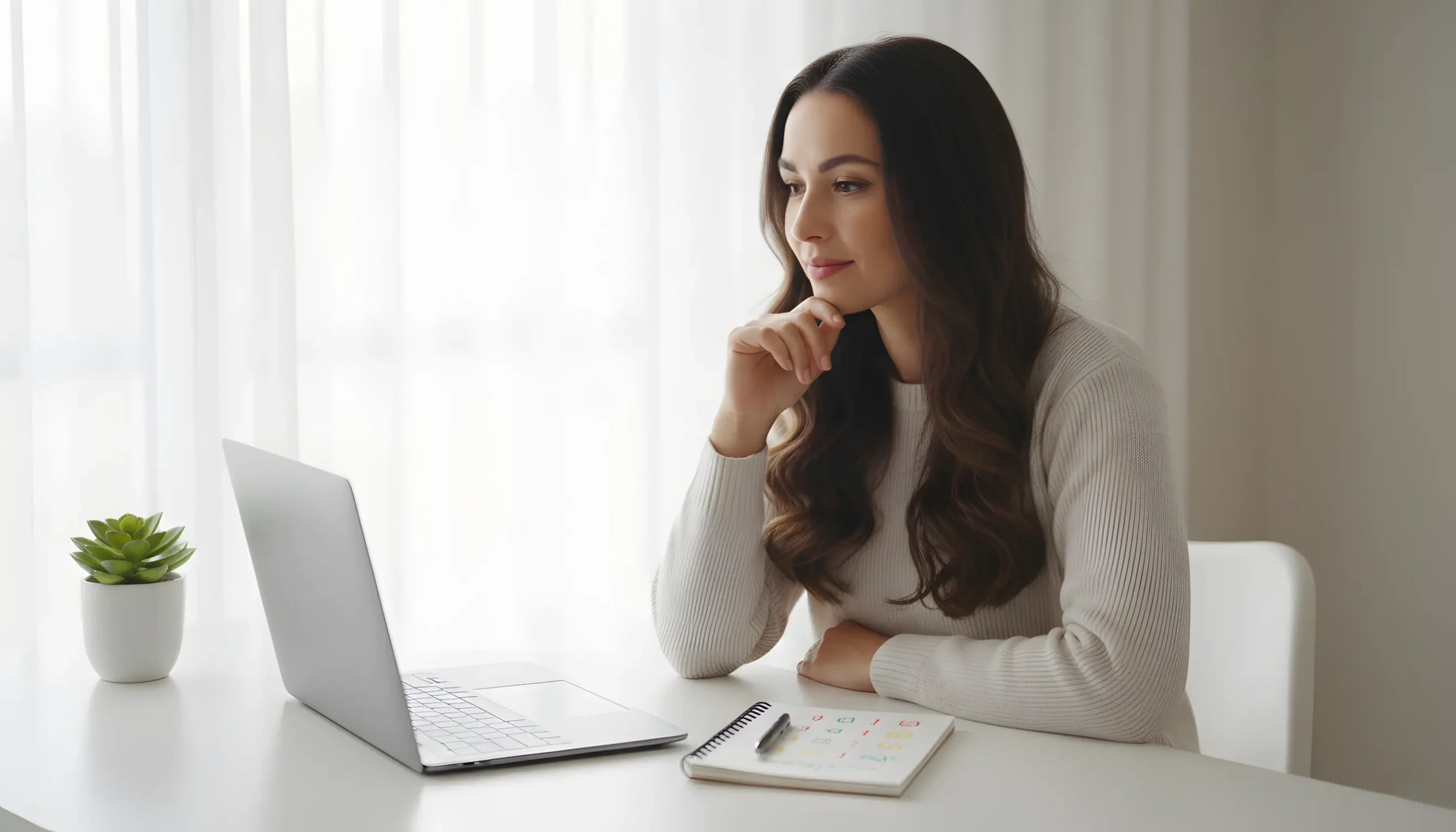 Mulher jovem a aprender apostas online com bloco de notas e sistema de cores