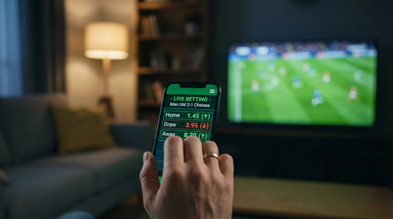 Mão a segurar smartphone com aplicação de apostas ao vivo durante jogo de futebol visível na televisão em fundo