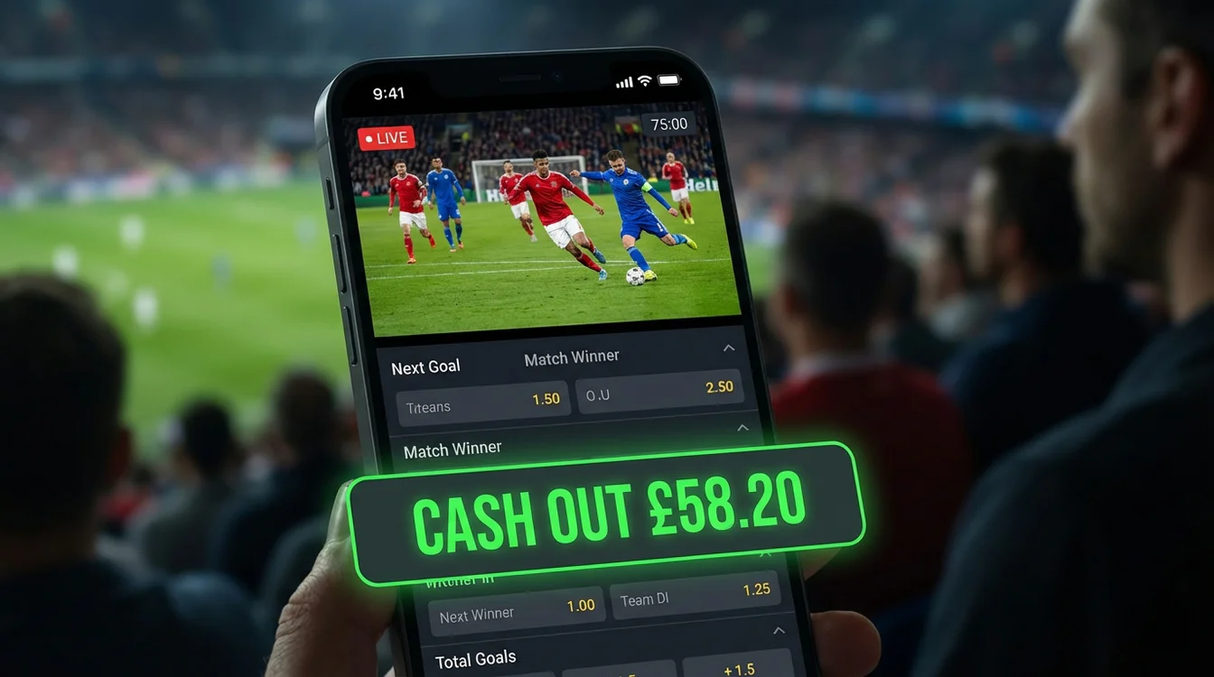 Interface de aplicação de apostas mostrando funcionalidades de cash out e streaming ao vivo