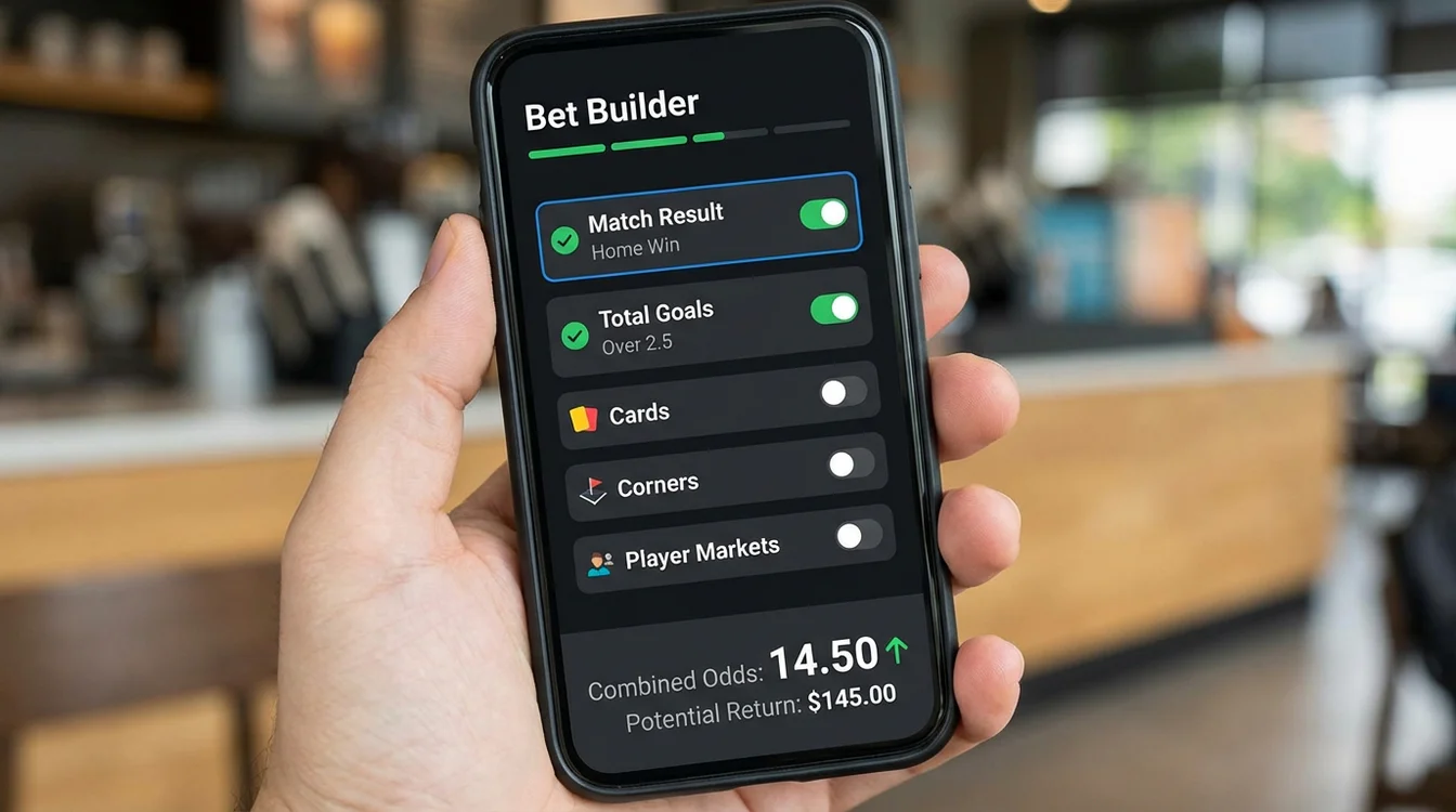 Ecrã de smartphone mostrando processo de selecção de mercados no Bet Builder