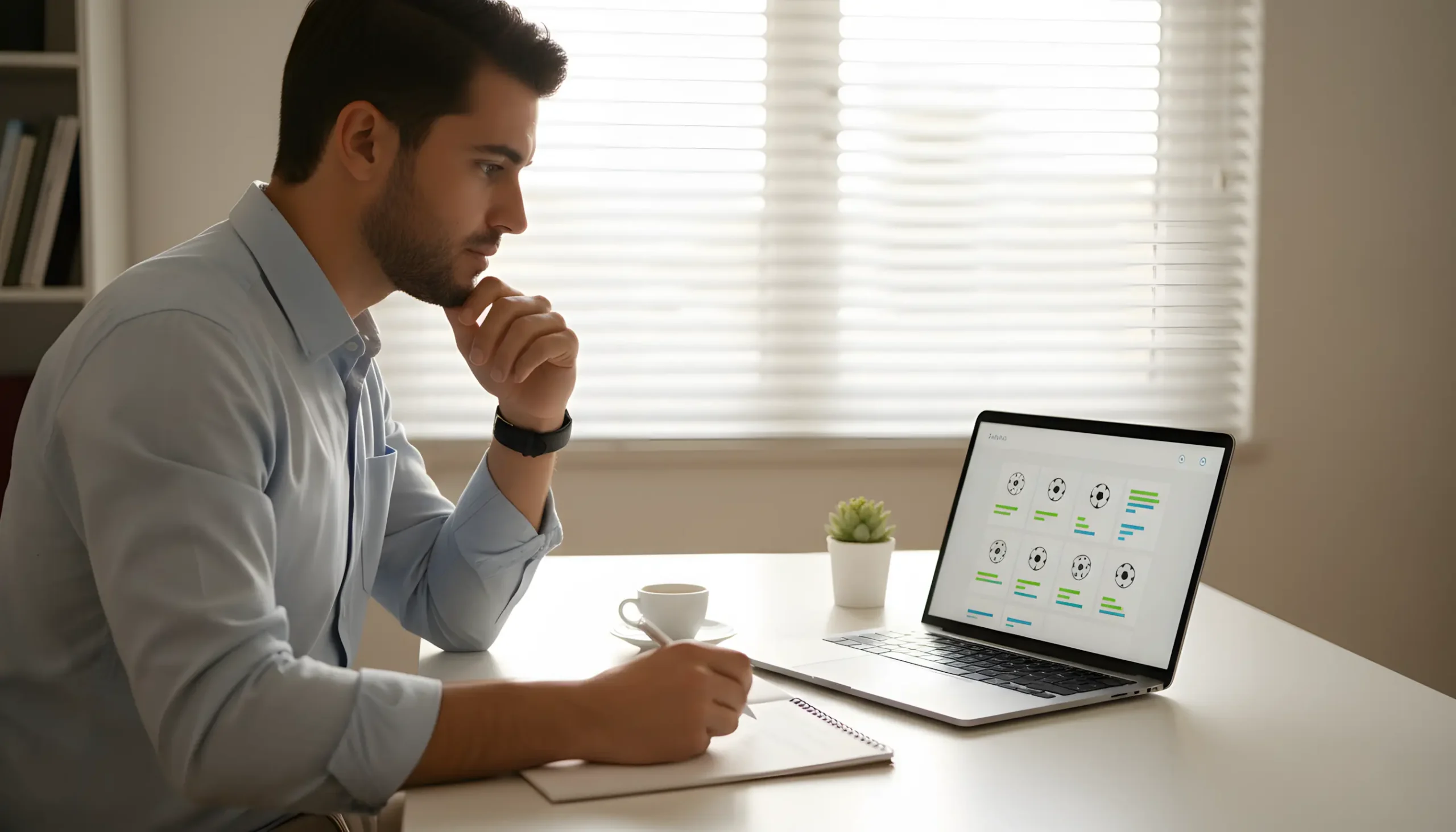 Homem português a analisar odds de apostas desportivas com portátil e bloco de notas