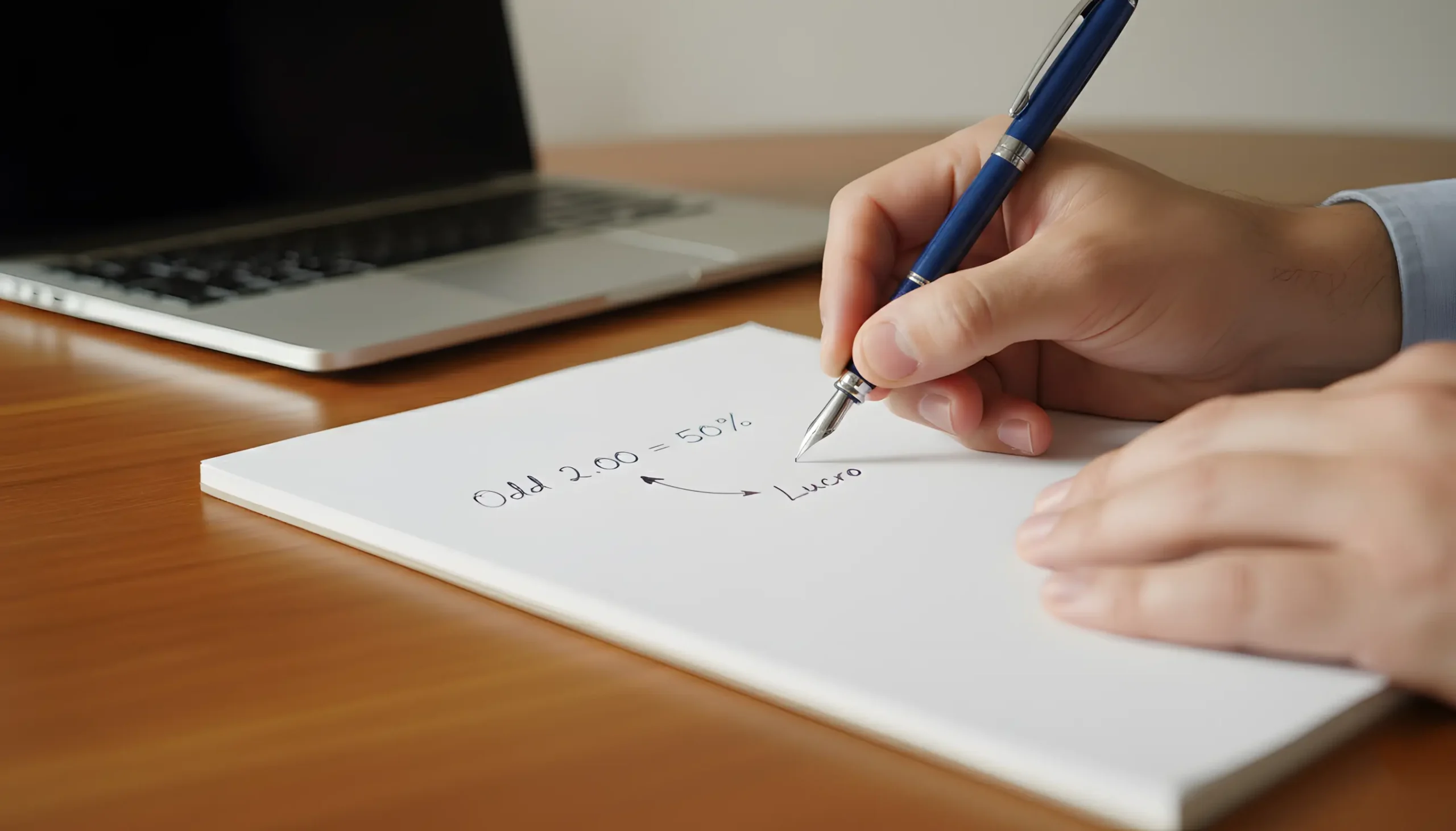 Mãos a escrever cálculos simples de odds num bloco de notas elegante, demonstrando como converter cotações em probabilidades