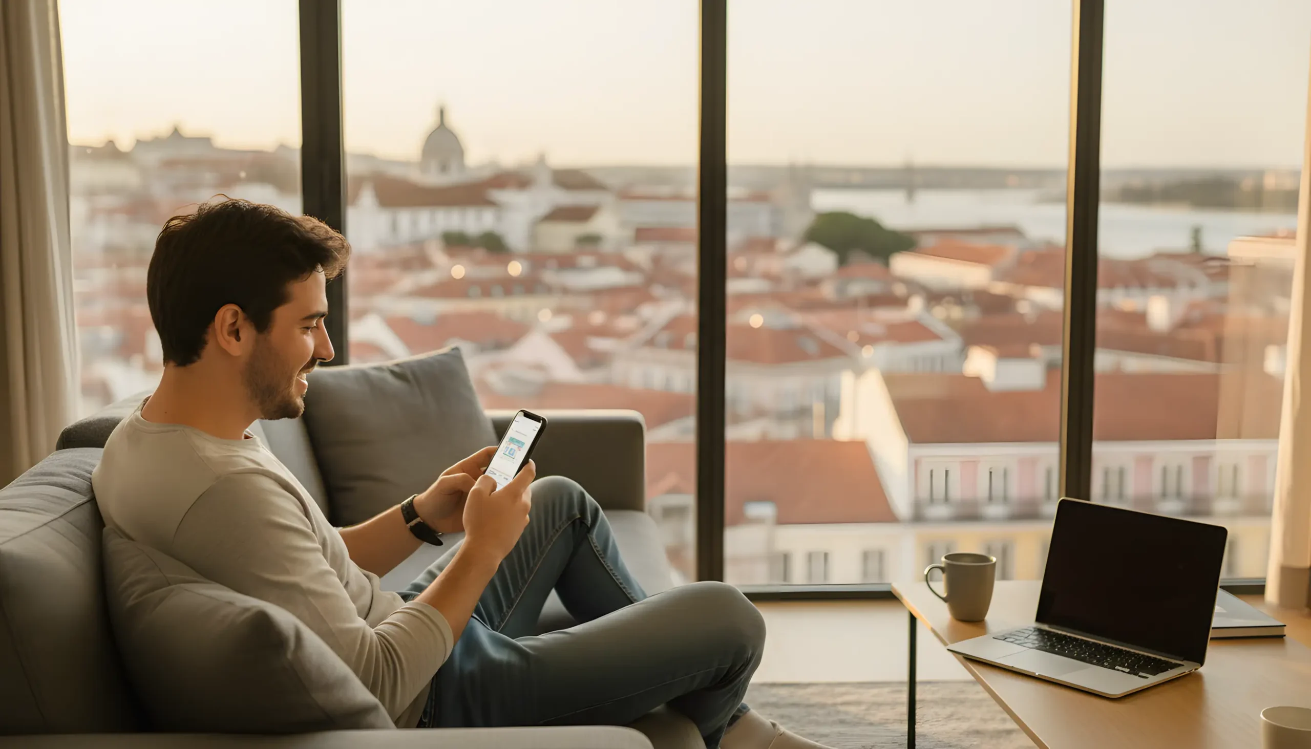 Apostador português a usar smartphone para apostas online seguras em Lisboa