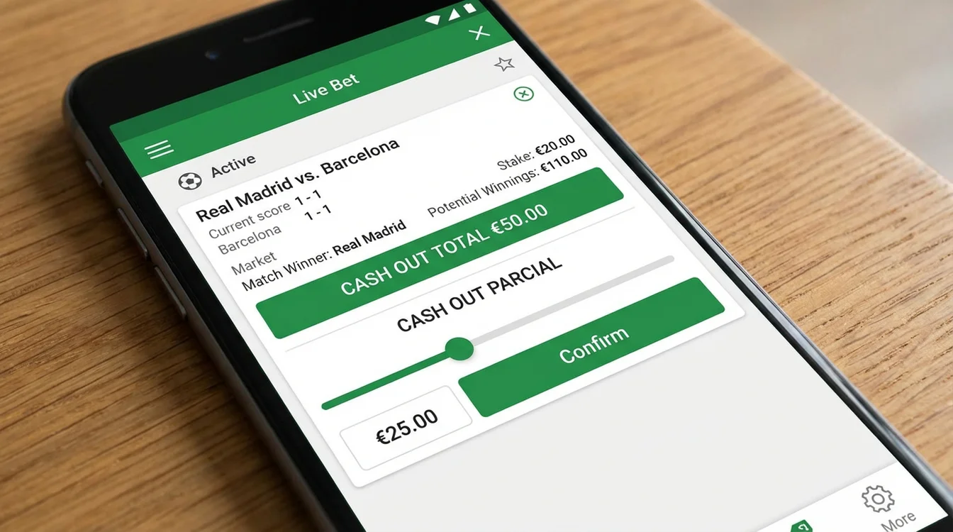 Interface de cash out mostrando opções de cash out total e parcial com valores