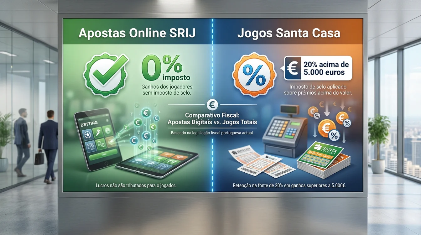 Infográfico comparando tratamento fiscal de apostas online versus jogos Santa Casa