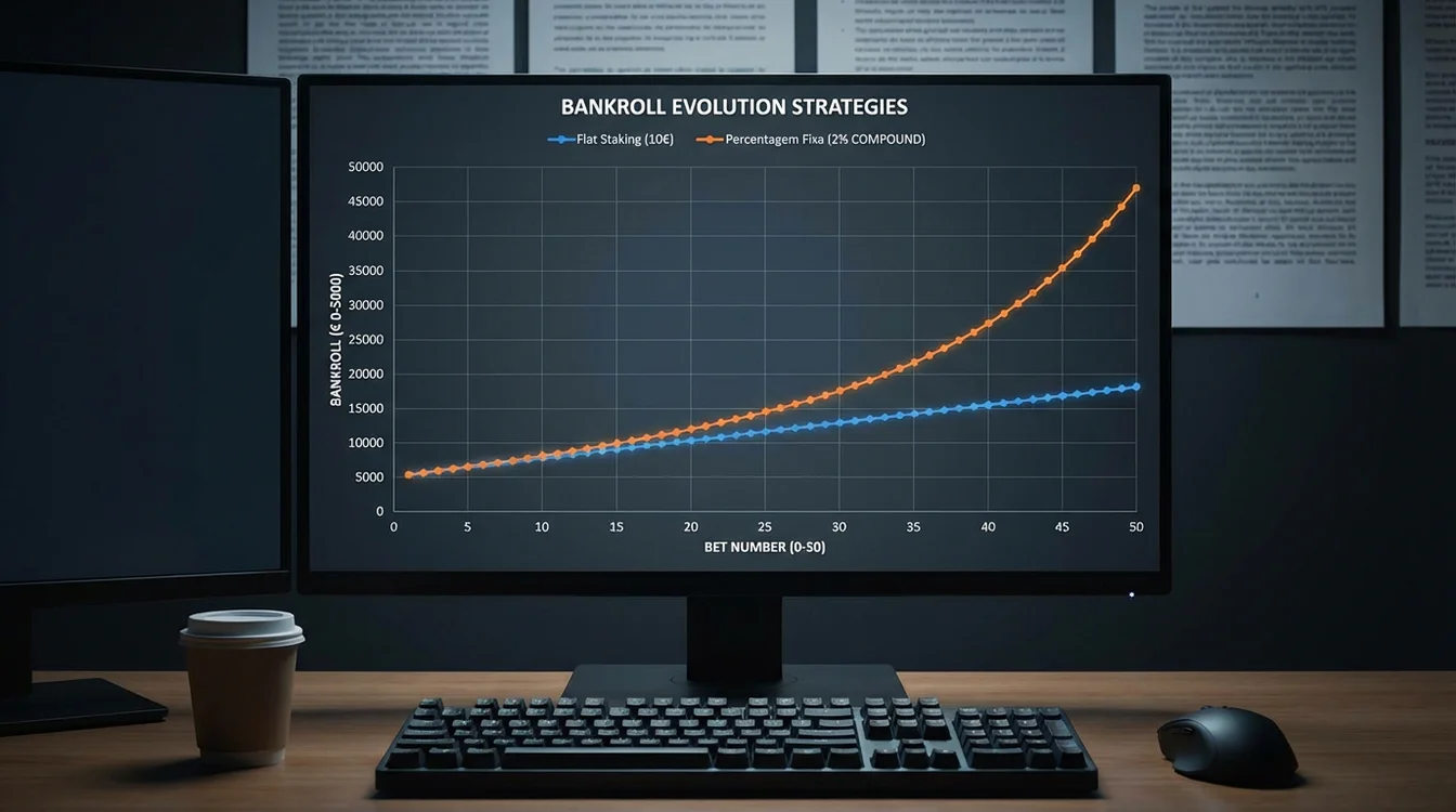 Gráfico comparando evolução de banca com flat staking versus percentagem fixa ao longo do tempo