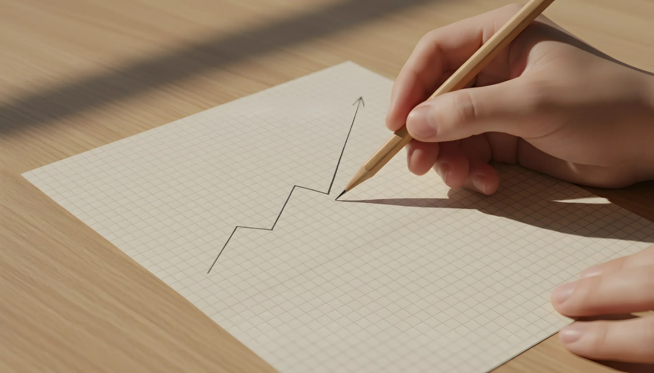 Linha de crescimento gradual desenhada à mão em papel quadriculado representando progresso sustentável