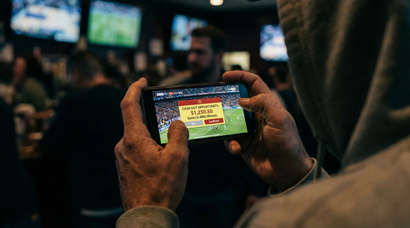 Pessoa a ver jogo de futebol no telemóvel com notificação de cash out disponível