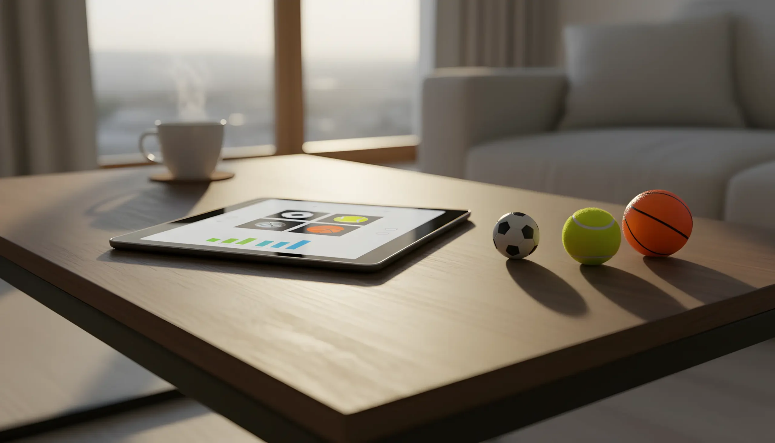 Tablet com aplicação de desportos e equipamento desportivo variado numa mesa de café