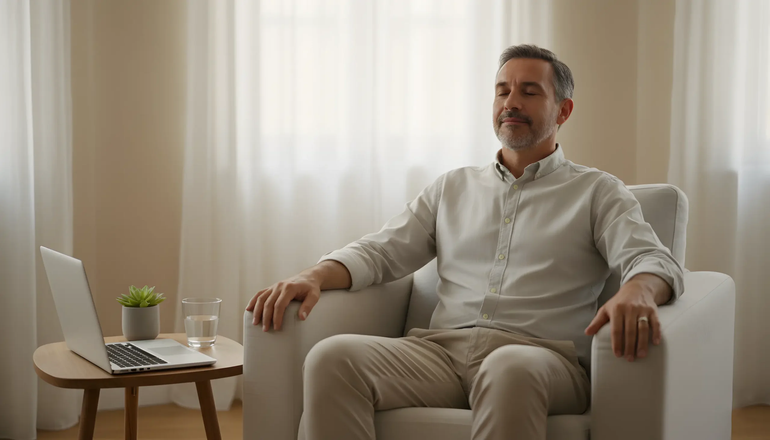 Homem português em momento de reflexão calma numa sala de estar serena