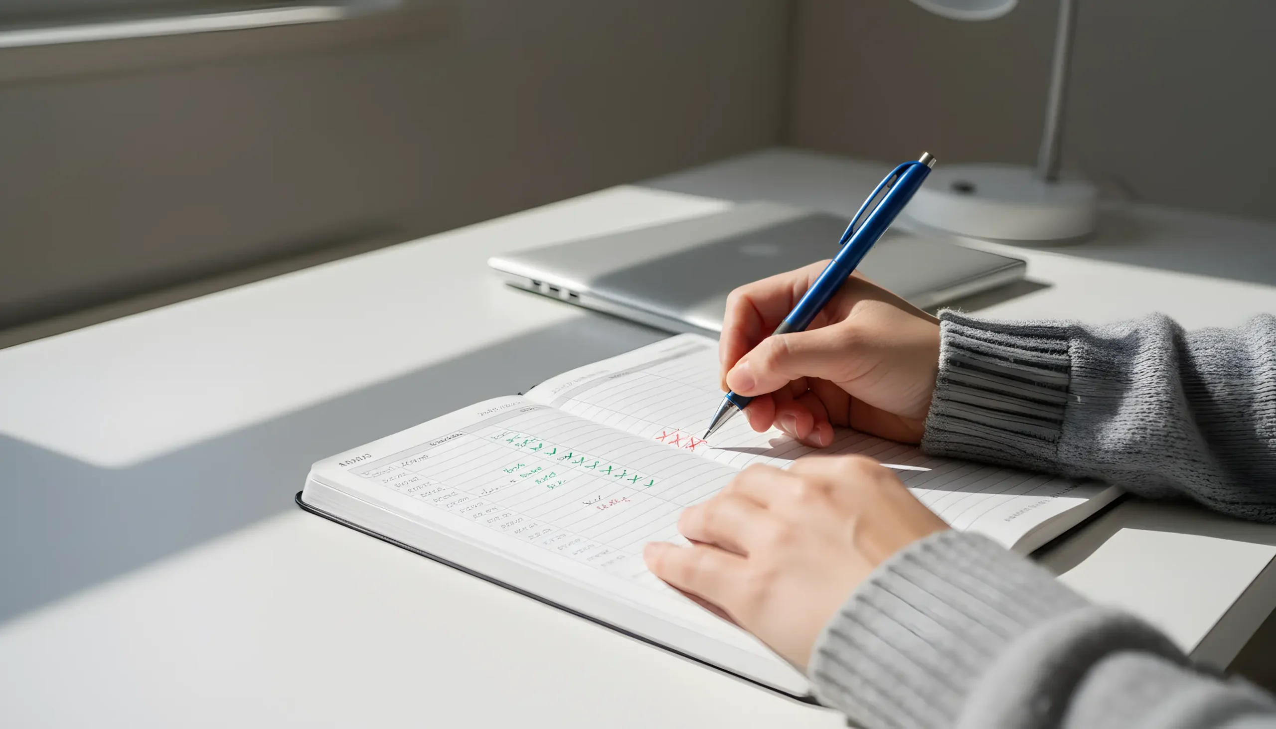 Mãos a escrever num diário de apostas desportivas com colunas organizadas de resultados