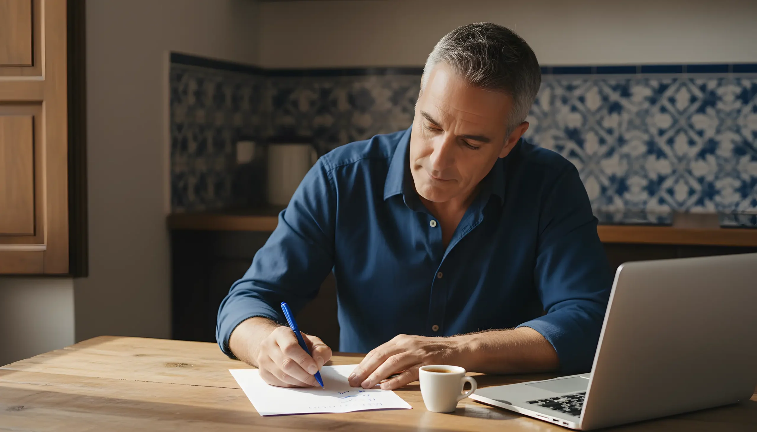 Homem português a comparar opções de casas de apostas com bloco de notas e portátil