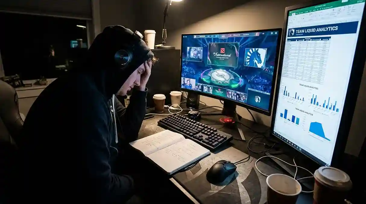 Pessoa a analisar partida de eSports em monitor com estatísticas e stream do jogo