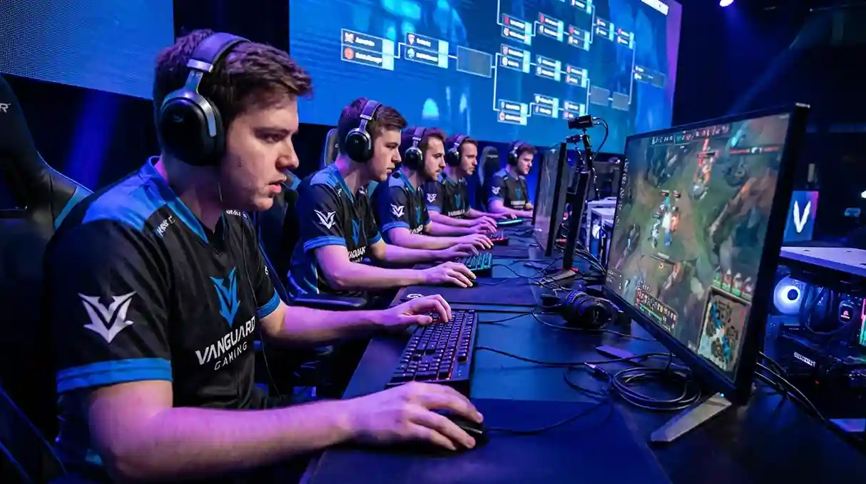 Jogadores profissionais de eSports em competição com monitores e equipamento gaming
