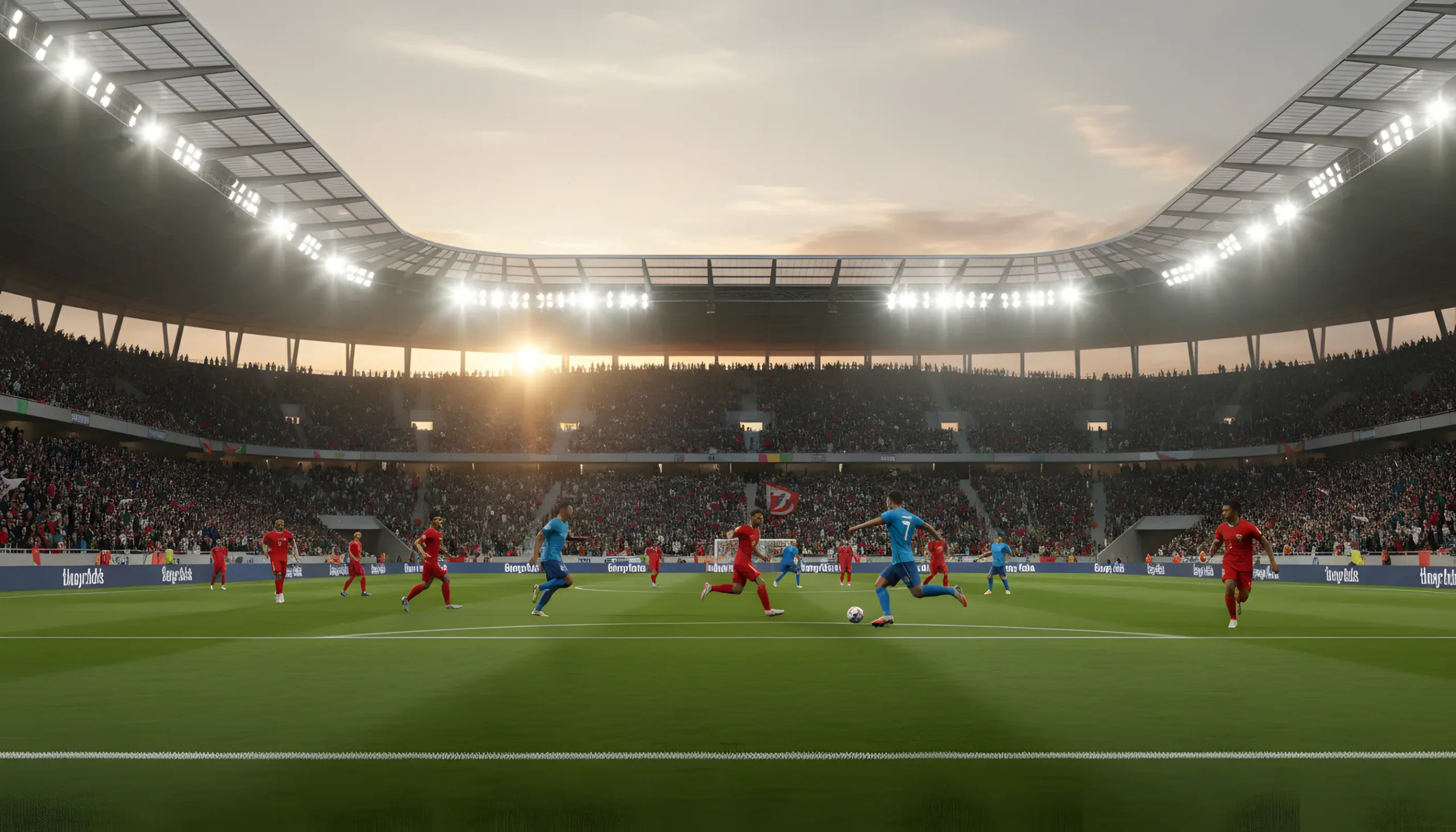 Estádio de futebol iluminado durante um jogo noturno com adeptos entusiasmados nas bancadas e duas equipas em campo