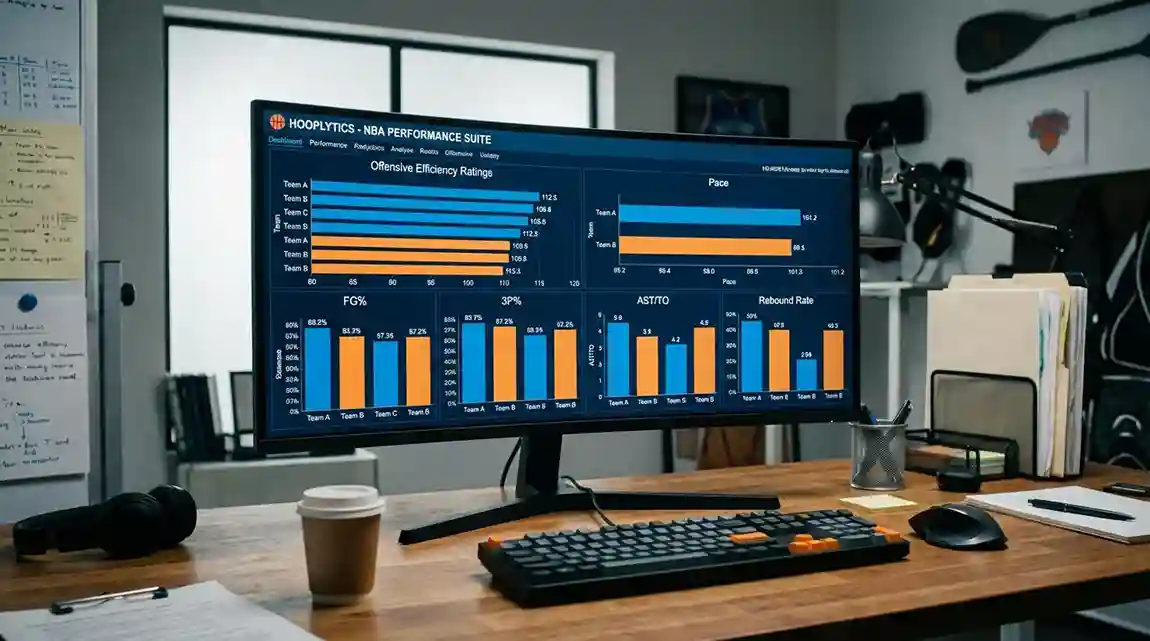 Ecrã de computador com estatísticas avançadas de basquetebol e gráficos de eficiência