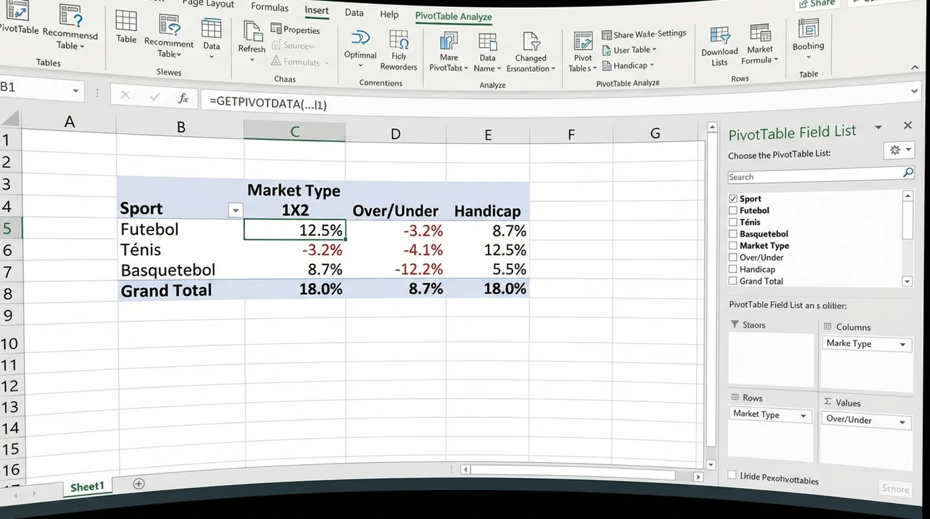 Ecrã de Excel com tabela dinâmica analisando ROI por desporto e tipo de mercado