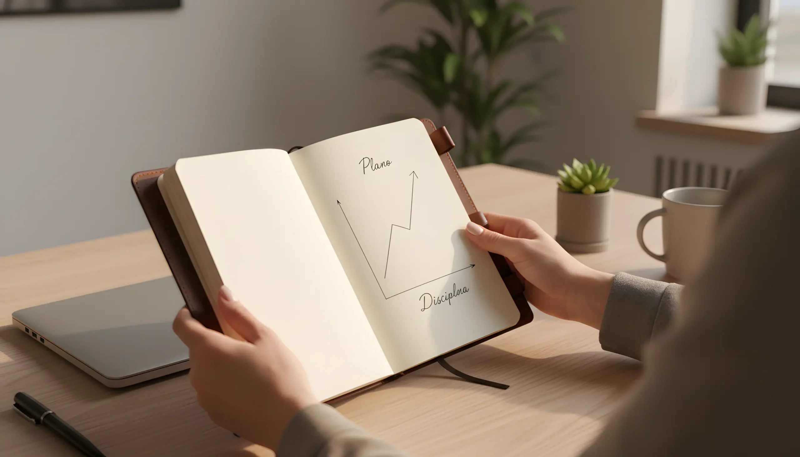 Espaço de trabalho organizado com caderno mostrando um plano de gestão financeira simples, transmitindo disciplina e planeamento