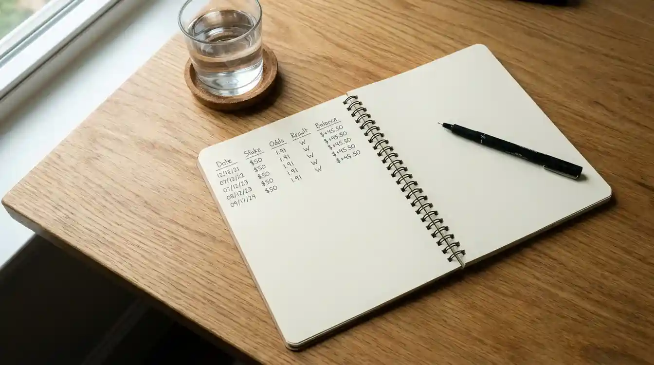 Bloco de notas com registos de apostas e caneta sobre secretária organizada