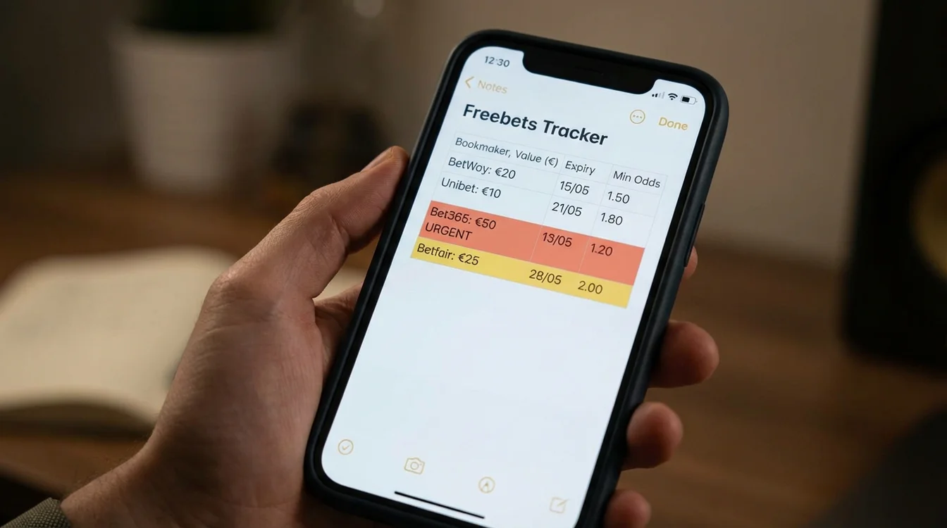 Aplicação de notas no telemóvel com lista organizada de freebets, valores e prazos de validade