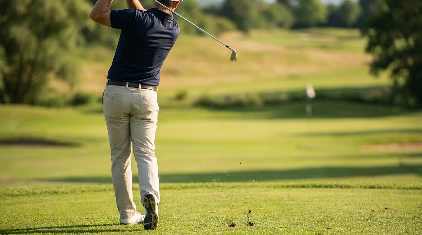 Jogador de golfe a executar tacada com swing completo em fairway