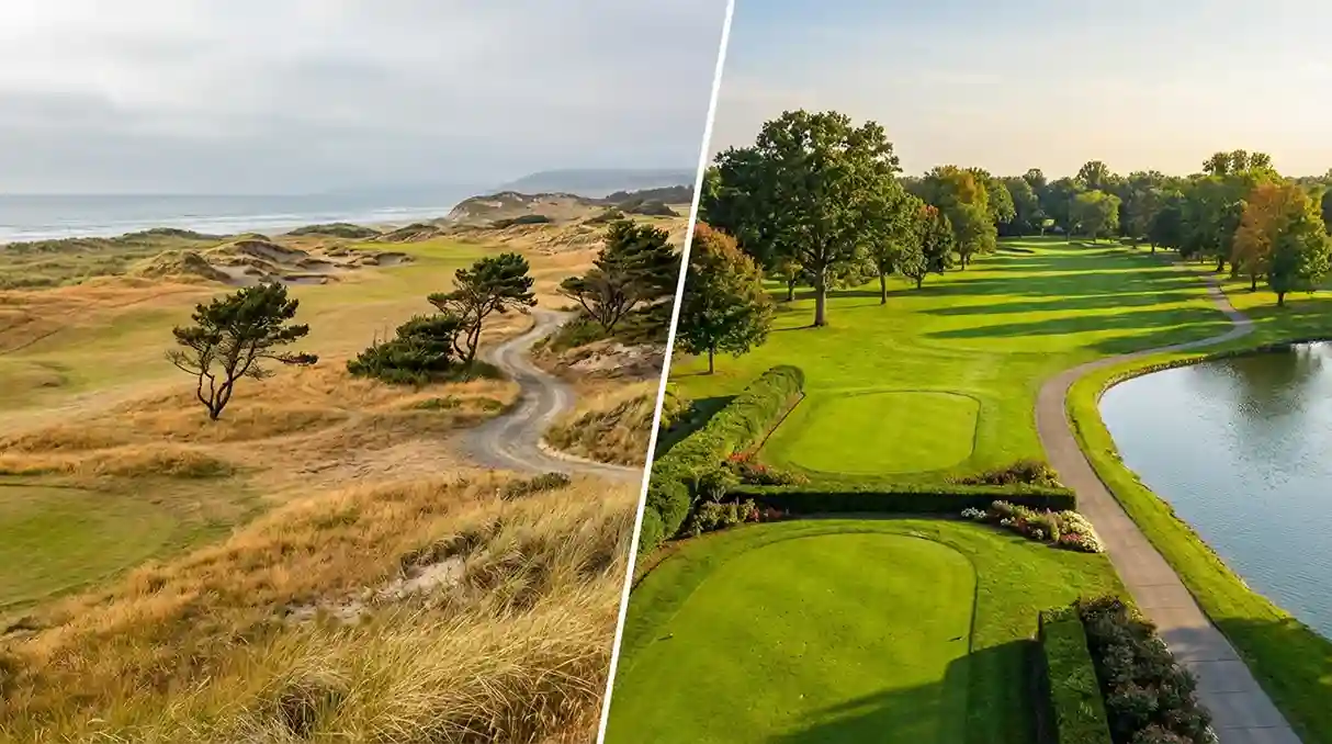 Comparação entre campo de golfe links com dunas e campo parkland com árvores