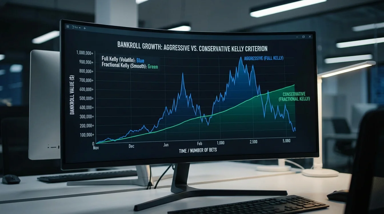Gráfico comparativo mostrando crescimento de banca com Kelly puro versus Kelly fracionado