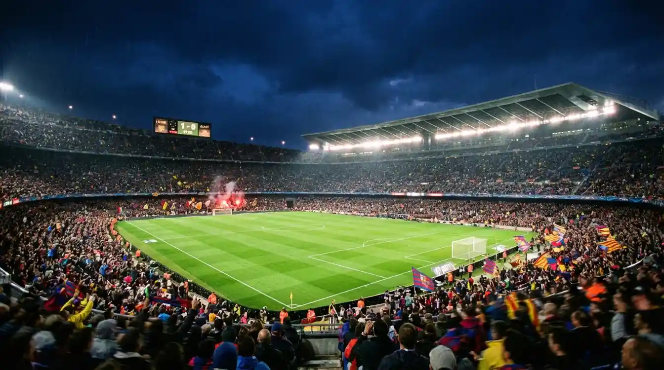 Estádio de futebol iluminado à noite com ecrã mostrando o marcador do jogo