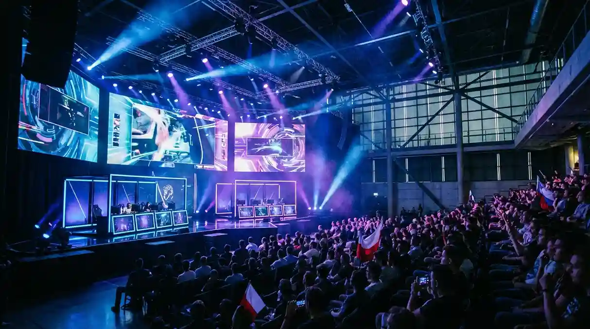 Arena de eSports com palco iluminado e ecrãs gigantes durante competição