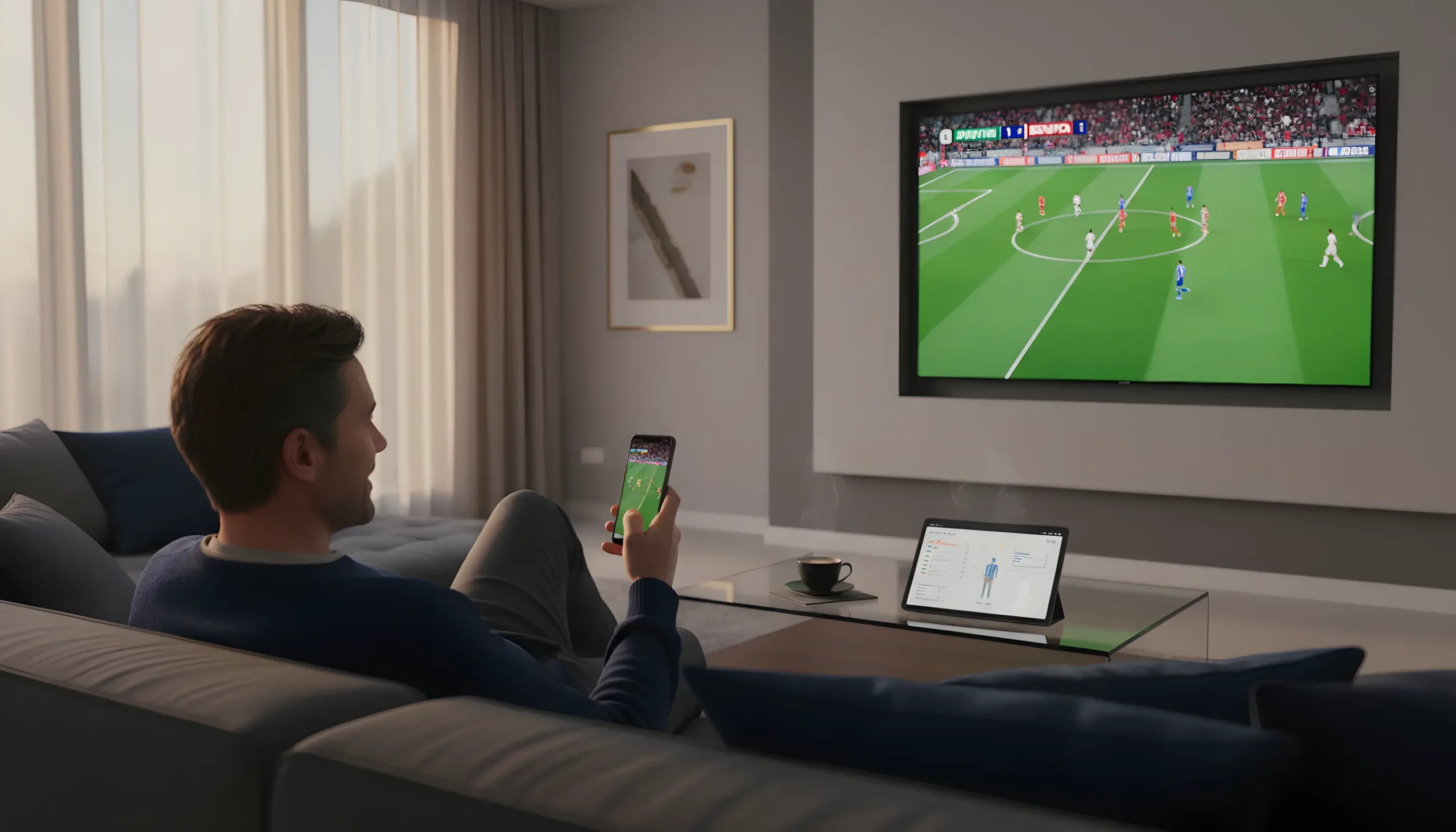 Pessoa relaxada a ver futebol na televisão enquanto usa o telemóvel para apostas desportivas numa sala moderna e acolhedora