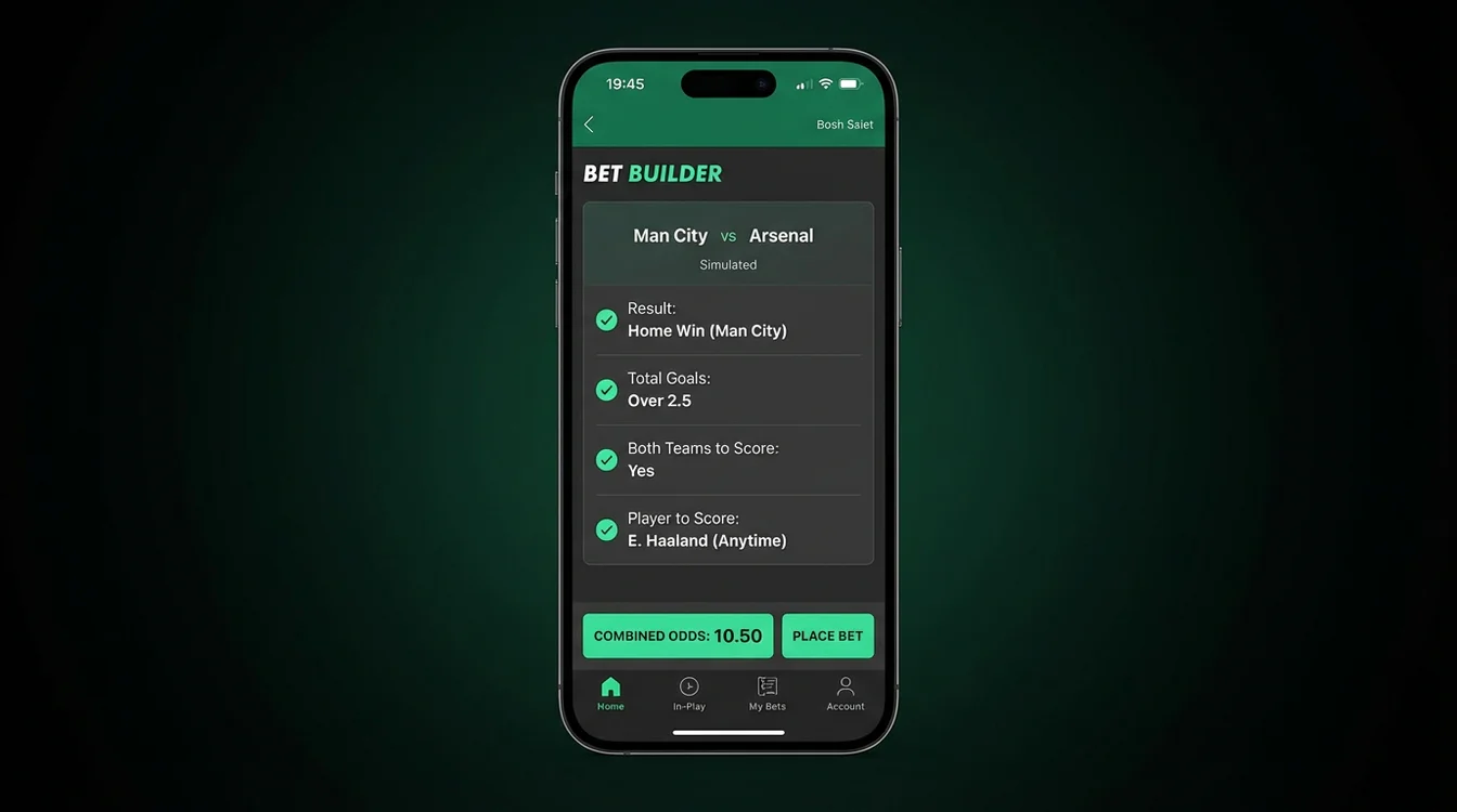 Interface de Bet Builder mostrando múltiplas selecções combinadas para um jogo de futebol