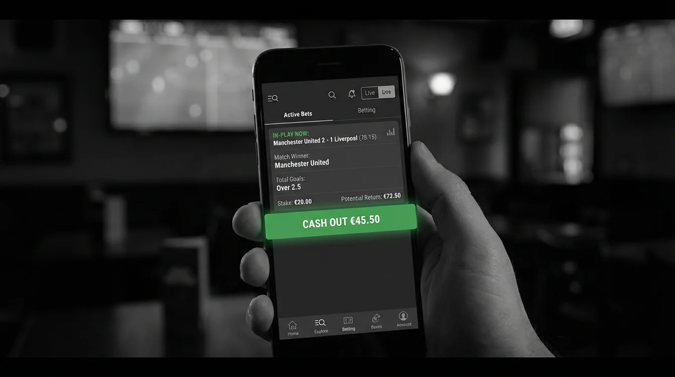 Ecrã de aplicação de apostas mostrando botão de cash out com valor disponível