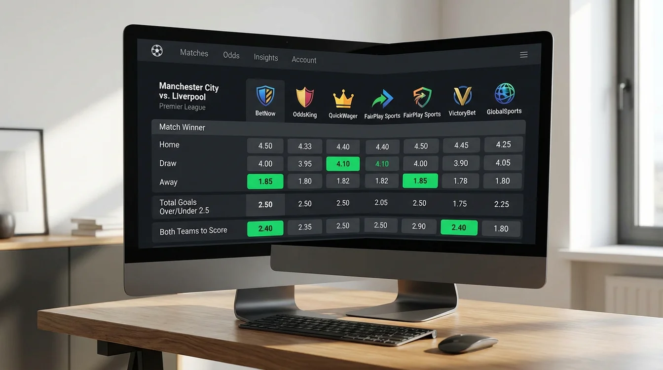 Ecrã de computador mostrando site comparador de odds com múltiplas casas de apostas lado a lado