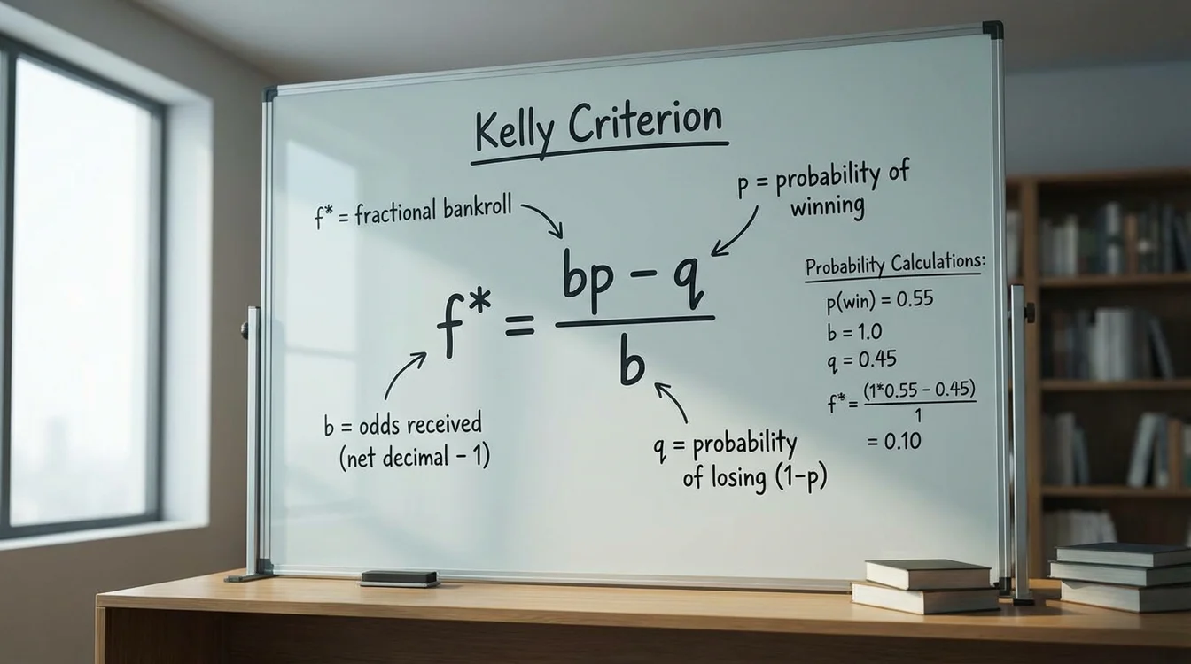 Fórmula matemática do Critério de Kelly escrita em quadro branco com cálculos