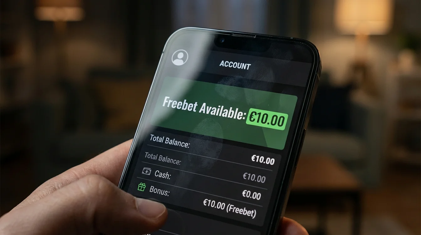 Aplicação móvel de apostas mostrando crédito de freebet disponível na conta