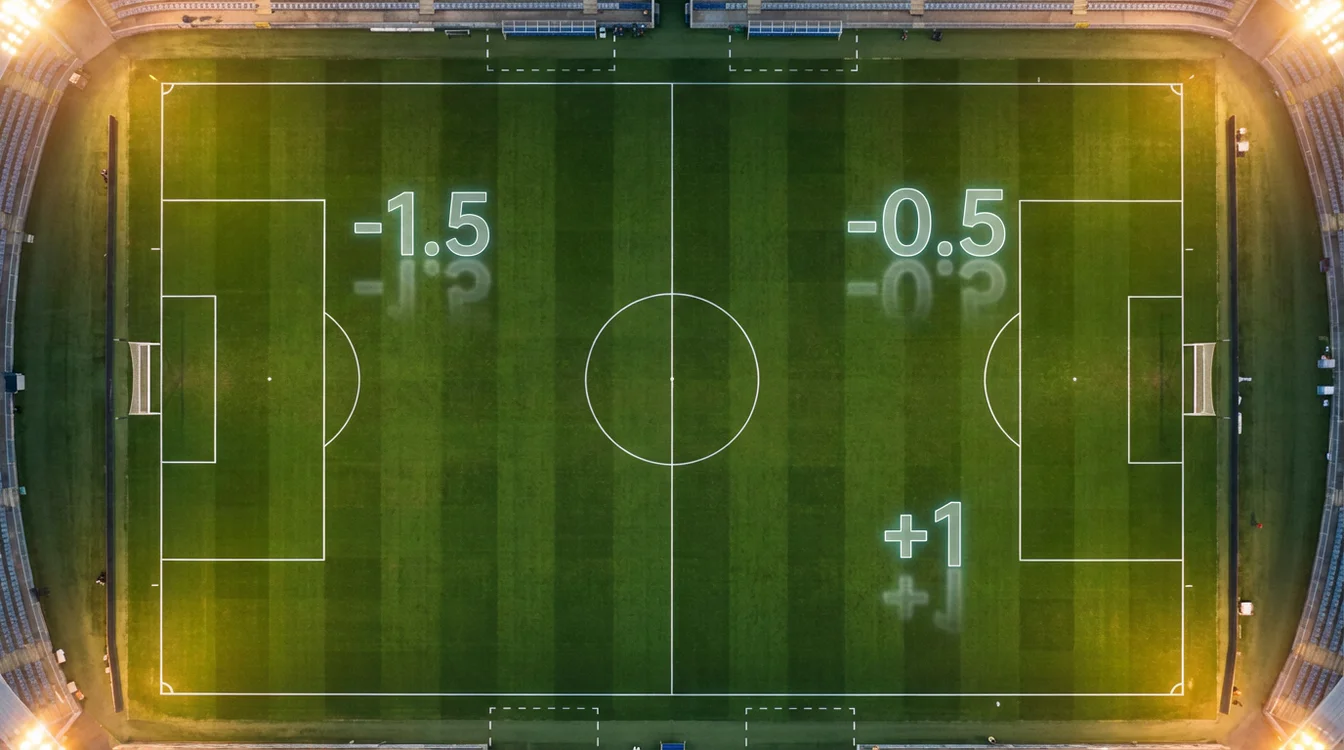 Campo de futebol com linhas de marcação e números de handicap sobrepostos
