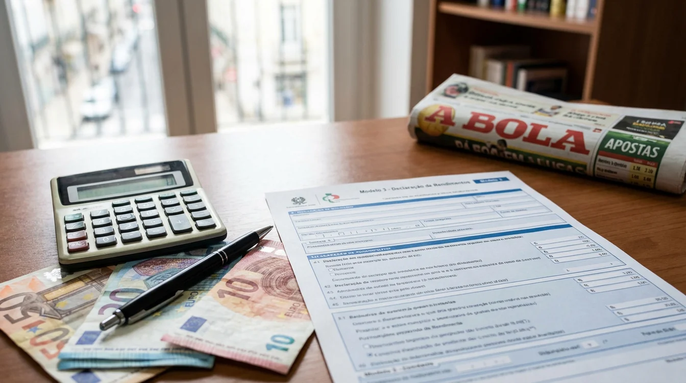 Documento fiscal português com símbolos de apostas e calculadora