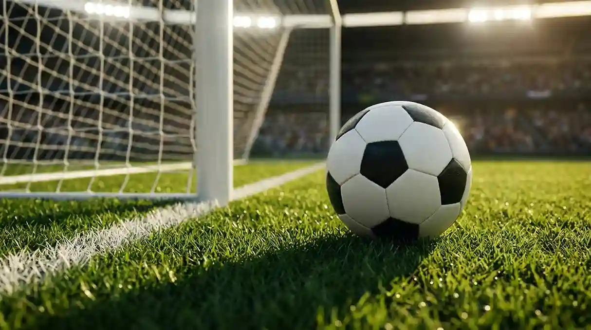 Bola de futebol junto à linha de golo com rede visível