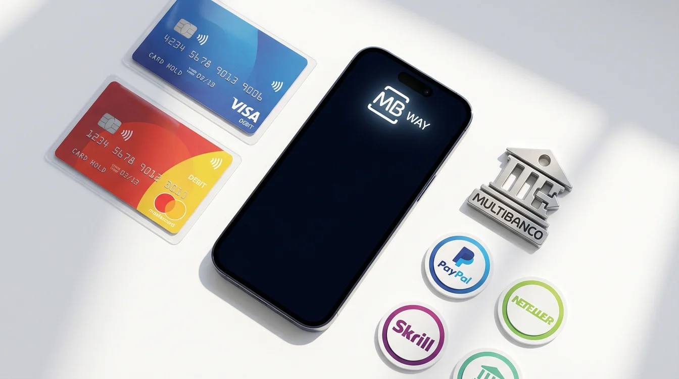 Diversos métodos de pagamento incluindo MB Way, cartões e transferência bancária