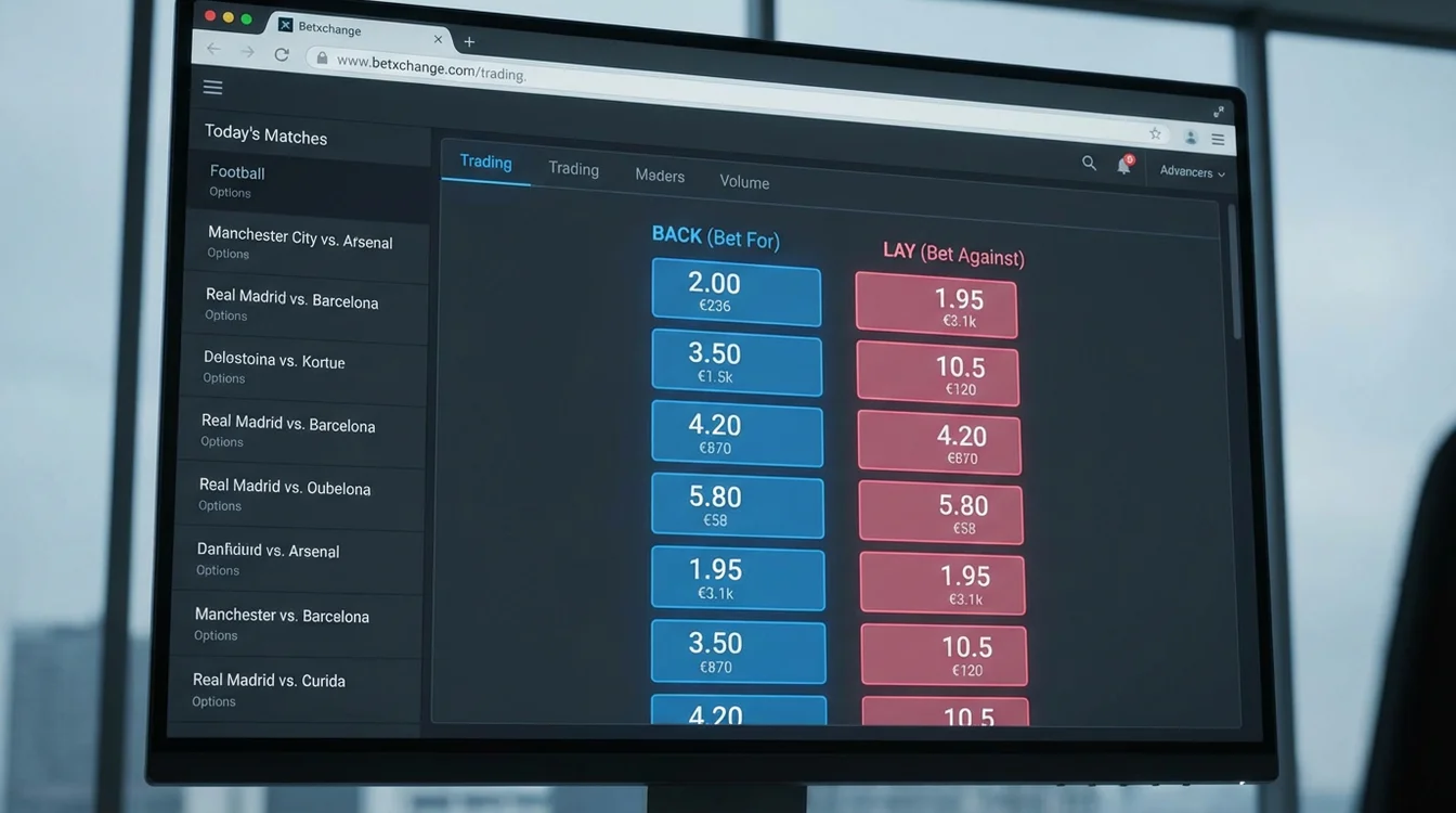 Interface de bolsa de apostas mostrando colunas de back e lay com odds e volumes