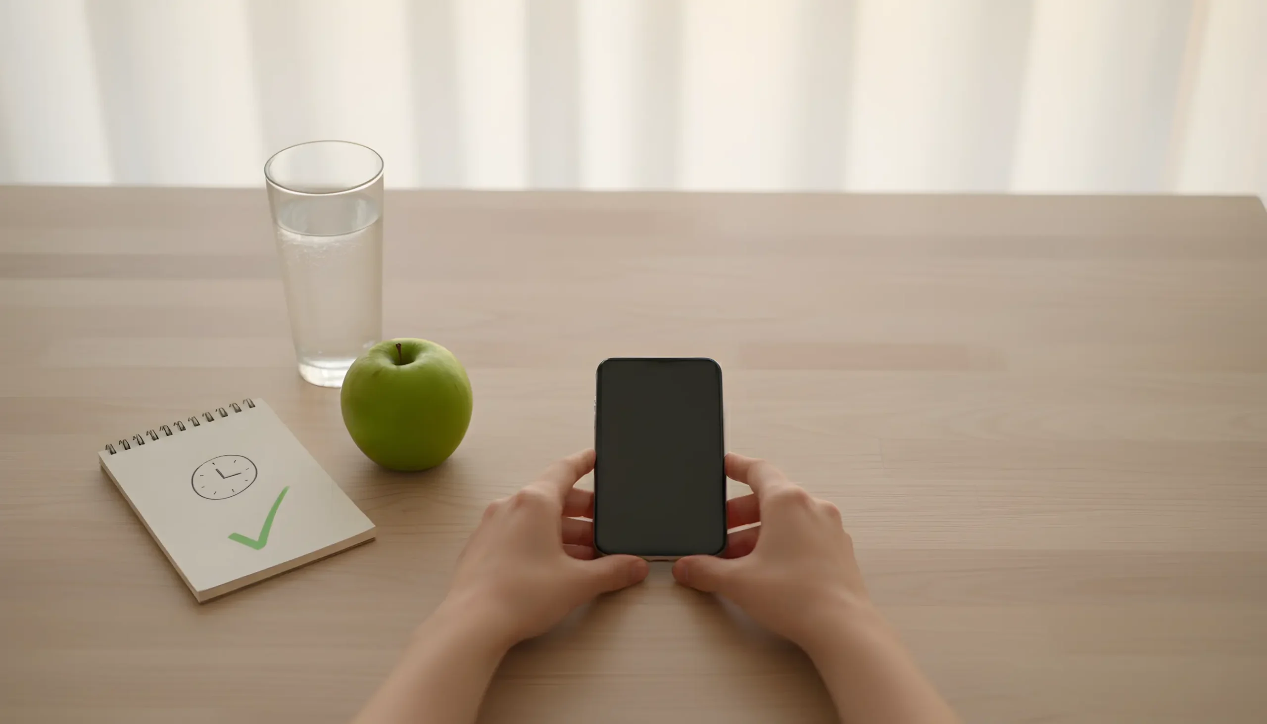 Cena calma representando equilíbrio e autocontrolo nas apostas online com smartphone e bloco de notas