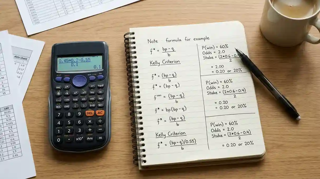 Calculadora científica com cálculo de Kelly e notas manuscritas com exemplos