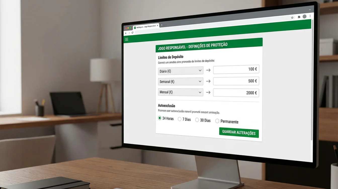 Interface de configuração de limites de depósito e auto-exclusão numa casa de apostas